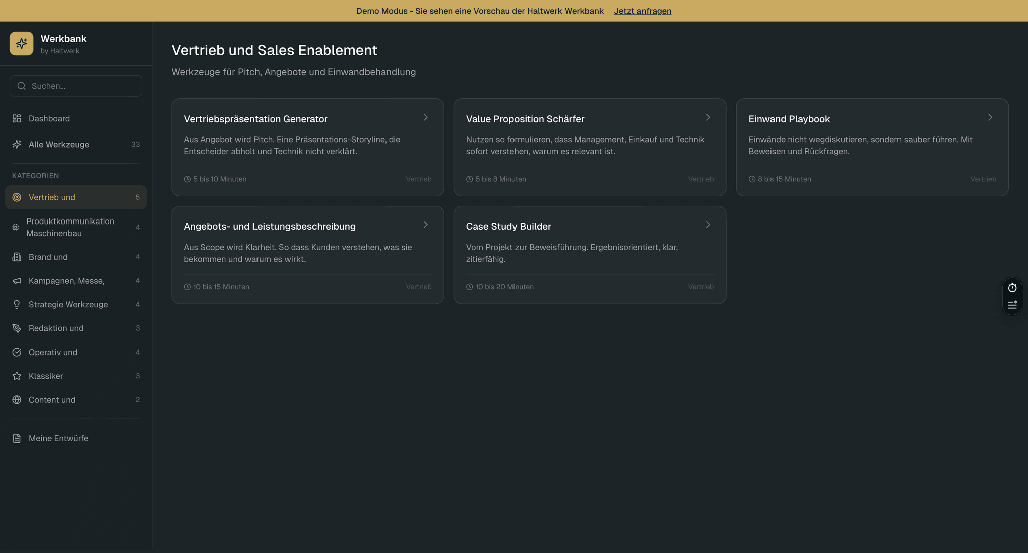 Vertrieb und Sales Enablement Werkzeuge in der Haltwerk Werkbank
